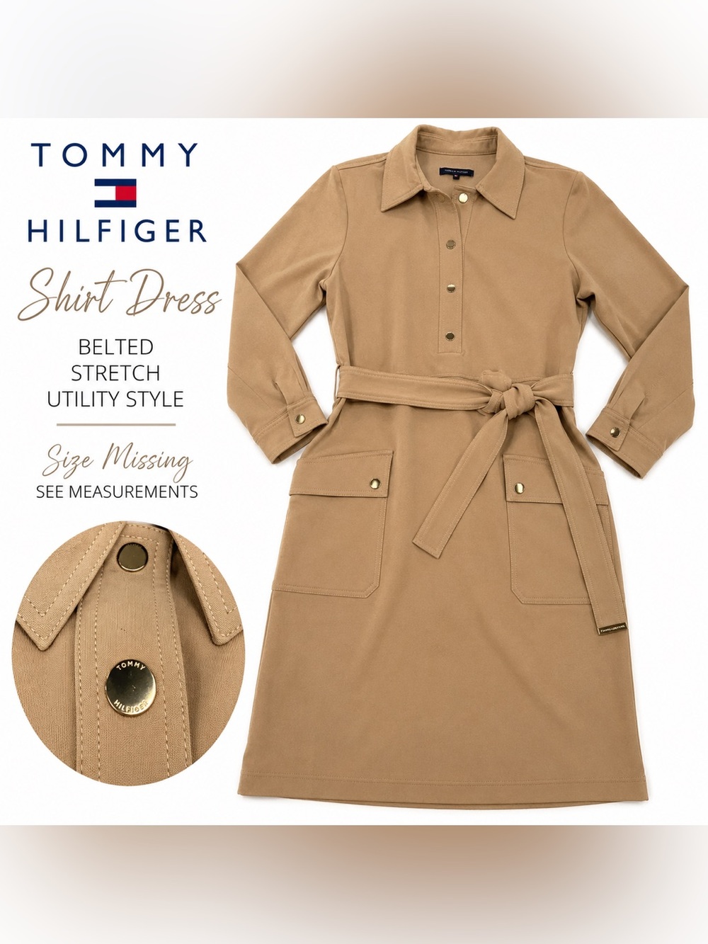 Tommy Hilfiger Camel Tan Belted Long Sleeve Shirt Dress